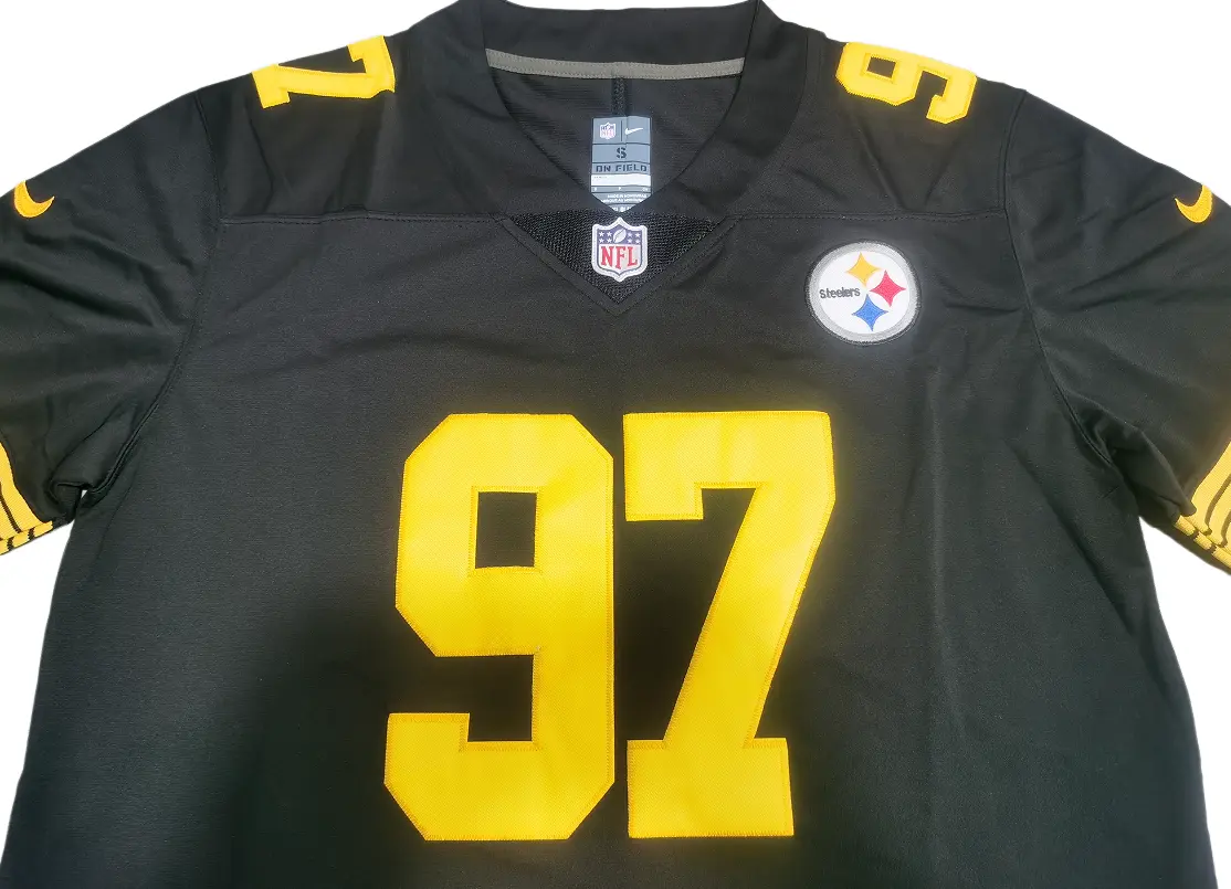 Breathtaking Nike Pittsburgh Steelers Cam Heyward Limited Color Rush Jersey Review Nike Pittsburgh Steelers Cam Heyward Limited Color Rush Jersey Review - Team crest logo detail
